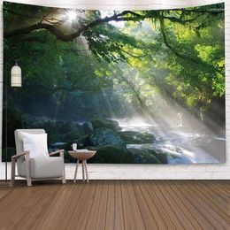 Tapestries Landscape Forest Waterfall Lotus Cloth Wall Hanging Morning Ocean Tapestry Carpet Beach Home Decorative