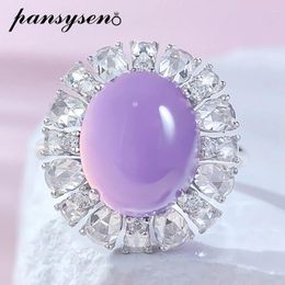 Cluster Rings PANSYSEN 925 Sterling Silver 10 12MM Oval Jade High Carbon Diamond Ring 18K White Gold Plated Fine Jewelry Women Party Gift