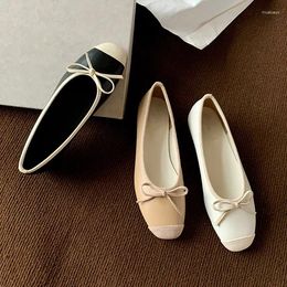 Casual Shoes Flat Leather Ballet 2024 Summer French Temperament Bow Match Colour Square Shallow Mouth Single Woman