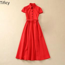 Casual Dresses TIFICY Runway Show 2024 Spring/summer Women's Clothing Lapel Short Sleeves Red Cuffs Slits Large Hem Waist Up
