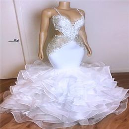 Plus Size Arabic Aso Ebi White Lace Beaded Summer Bridal Gowns Spaghetti Mermaid Sexy Wedding Dresses Formal Party Vestido de novia 280n
