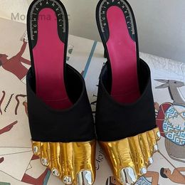 Golden Five Toes Half Head Slippers for Women High-Heels Mules Wedding Genuine Leather Summer Runway Party Stiletto Womens Shoe 240509