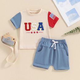 Clothing Sets Independence Day Outfits Summer Kids Clothes Boys Short Sleeve Letter Embroidery Patchwork T-shirts Drawstring Shorts