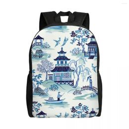 School Bags Pugs In Chinese Porcelain Backpack College Students Bag Fits Laptop Oriental Chinoiserie Pattern Large Capacity
