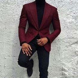 Fashion Burgundy Groom Tuxedos Two Button Slim Fit Groomsmen Men Business Formal Suit Party Prom SuitJacket Pants 2716