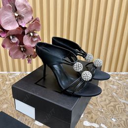 Designer open toe slim high heels classic rhinestone spherical decoration luxurious black classic sandals slim fit sexy design dress shoes