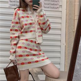 Skirts Women Outfits Suit Sweet Long Sleeve Two Piece Set Korean Single Breasted Cardigan And Flower Pattern High Waist Mini Skirt