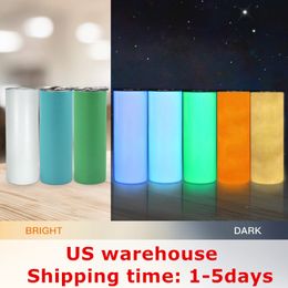 US Shipping 20oz STRAIGHT Sublimation Glow Tumblers White Glows Red Yellow Green Blue In The Dark Stainless Steel Water Bottles Double 250O