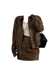 Work Dresses American Retro Women Vintage Brown Outfits 2 Piece Set Faux Leather Jacket Lapel Collar Elastic Waist A-Line Mini Skirts