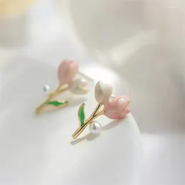 Stud Earrings Tulip Oil Dropping Pearl South Korean Temperament Light Luxury Niche High Sense Female