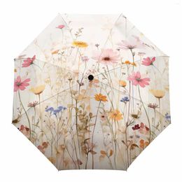 Umbrellas Plants Watercolour Flowers Automatic Umbrella Travel Folding Portable Parasol Windproof