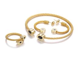 Luxury 3pcsSet Open Bangle Men Bracelet Cuff Stainless Steel Titanium Ring Earring Sets Gold Colour Jewellery For Charm Bracelets6526537