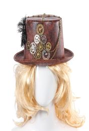 Steampunk Retro Hats Carnival Cosplay Bowler Gear Chain Feather Decor Party Caps Halloween Brown Round Top Hats For Men Women T2007316625