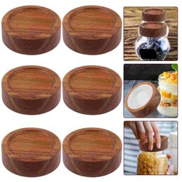 Dinnerware 6 Pcs Natural Acacia Lids Glass Sealing Bottle Storage Wide Mouth Practical Covers Sealed For Replacement Canning Home