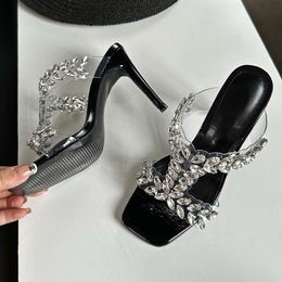 Rhinestone Transparent Sandals for Pvc Summer Flip Flops Female Square Toe Pumps Slingback Stiletto Heel Slippers Women