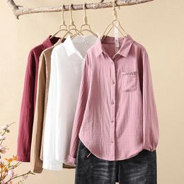 Women's Blouses Elegant Pink Blouse 2024 Japan Style Lapel Long Sleeve Cotton Yarn Basic Shirts Ladies Large Size Tops