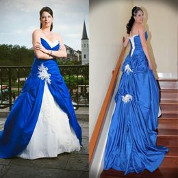 Modern Blue And White Wedding Gowns A Line Plus Size Ruched Satin Vintage Bridal Dress Sweetheart Sweep Train Lace-up Back Appliqued La 317s