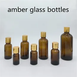 Storage Bottles 5ml 10ml 15ml 20ml 30ML 50ml 100ml Amber Glass Bottle Vials Essential Oil With Gold Screw Cap Perfume 200pcs