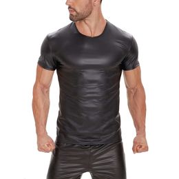 S-7XL Men Soft Matte T-shirts Stretch Shiny Leather Sexy Fiess O-Neck Tees Short Sleeve Casual Streetwear Shaping Tops Catsuit Costumes