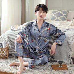 Home Clothing Mens Satin Silk Pajama Sets Sleepwear Casual Nightgown Loose Lounge Wear Pyjamas Pijamas Autumn Print Nightwear Clothes