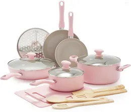 Cookware Sets Sandstone Healthy Ceramic Nonstick 15 Piece Kitchen Pots And Frying Sauce Pans Set PFAS- Free Dishwasher Safe