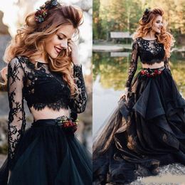 Black Wedding Dress 2020 Long Sleeve Sexy Bridal Dresses Gothic Two Pieces Vintage Tiered Lace Top Punk Bohemian Bride Party Gown 306a