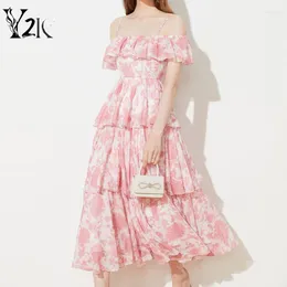 Party Dresses Y2K Clothes Holiday Beach Aesthetic Vintage Print Ruffles Slash Neck Midi Long Womens Clothing Zevity Boho Vestidos