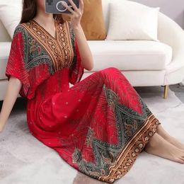 Women Indian Dress Vintage Korean Style Bohemian Floral Casual Loose Vestidos Robe Maxi VNeck Cotton Long Dresses for 240509