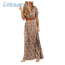 Casual Dresses Women Short Sleeve Trend Retro Floral Printed Maxi Dress With Belt Daily Leisure Vacation Boho Party Straight