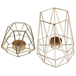 Candle Holders Set Of 2 Gold Geometric Metal Tealight For Living Room & Bathroom Decorations - Centerpieces Wedding Dining