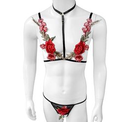 Sissy embroidery Floral Bikinis Set Adjustable halter Bra Sexy Lingerie Thong Panties Sets For Sissy Mens Home wear8038620