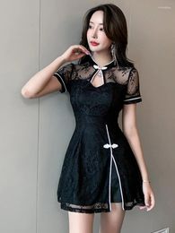 Work Dresses Real Po High Quality Lace Cheongsam Tops And Shorts 2pcs Set Women 2024 Summer Retro Outfits In Black White