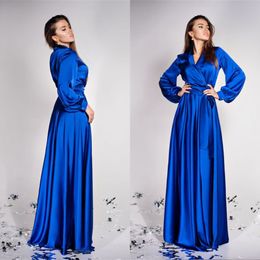 New Winter Royal Blue Silk Long Sleeve Women Sexy V Neck Kimono Pregnant Party Sleepwear Bathrobe Nightgown Wedding Robes 2441