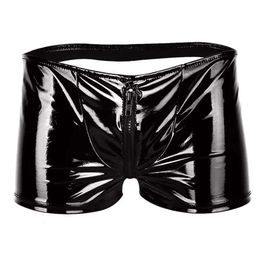 Mens Sexy Open Crotch Short For Sex Zipper Crotchless Shiny Patent Leather Fetish Boxer Erotic Hot Porn Pants Sexi Catsuit Costumes