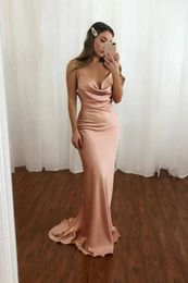 Elegant Long Pink Satin Pleated Evening Dresses Mermaid Cowl Neck Spaghetti Straps Sweep Train Criss-cross Back Prom Dresses for Women