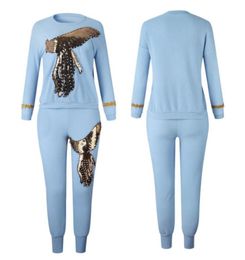Siskakia 2020 High elastic RIB Cotton Sequin Diamond Plus Size Women Suit Set African O Neck Long Sleeve Tops with Long pants6194845