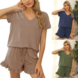 Home Clothing Casual Women Wear 2pcs Pajama Sets Clothes Suit V-Neck Solid Short Sleeve T-shirt And Ruffles Shorts Set Outerwear