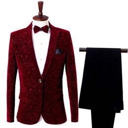 Men Blazers Pants Wine Red Velvet Jacket Burgundy Suit Jacket Costume Homme Mens Stage Wear Floral 246I