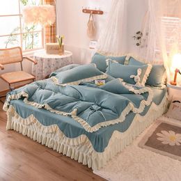 Bedding Sets Korean Princess Style Thicken Sanding Solid Colour Set Double Duvet Cover Bed Sheet Skirt Pillowcase Home Textile