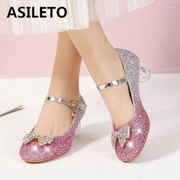 Dress Shoes ASILETO Women Wedding Princess Pumps Mary Janes Bow Blue Sequins 5cm Transparent Heel Glitter Colourful Big Small Size 28 43