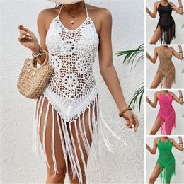 Women Halter Swimsuit Cover Up Tops Crochet Bikinis Backless Swimwear Tassels Dress Beach Beachwear