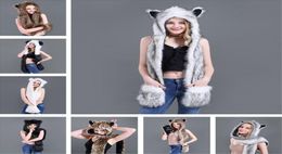 3 In 1 Women Men y Plush Animal Wolf Leopard Hood Scarf Hat with Paws Mittens Gloves Thicken Winter Warm Earflap Bomber Cap 2102039670783