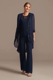 Dark Navy Mother of the Bride Dress Pant Suits with Long Sleeves Jacket Sequined Pantsuits Bateau Neck Chiffon Groom Mothers Outfit