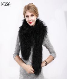 160cm real mongolian fur scarf women winter fashion solid black Grey genuine wool Woollen fur collar female J121544196873599160
