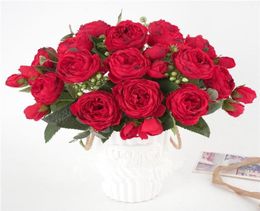 30cm Rose red Silk Peony Artificial Flowers Bouquet 5Big Head and 4Bud with peony Fake flower handmade home wedding decoration219u4184135