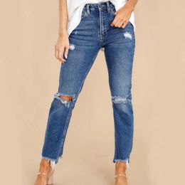 Women's Jeans Women Pencil Pants Ripped Slim Fit High Waist Vintage Washed Streetwear Pockets Hole Skinny Elastic