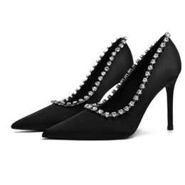 Satin Rhinestone Designer Fine High Heels Party Dress Shoes Glisten Crystal Pointed Pumps Women Sandals
