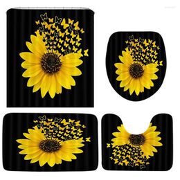 Shower Curtains Sunflower Pattern Curtain Set Toilet Cover Rug Carpets Non-Slip Kitchen Bath Mat Bathroom Decoration