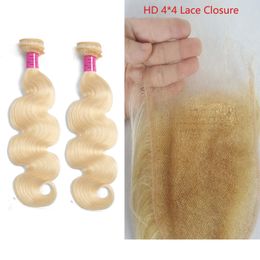 2 Bundles With HD 4*4 Lace Closure Peruvian Human Hair Extensions 613# Blonde Color Straight Body Wave Free Part 10-30inch