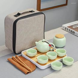 Teaware Sets Traditional Chinese Enamel Tea Set Portable Ceramic With 1 Teapot 6 Cup Tray Bag Lazy Susan Gift For Enthusiasts